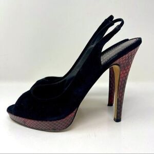 Bebe platform sling back heels black suede red snake skin stiletto 9B BoxD